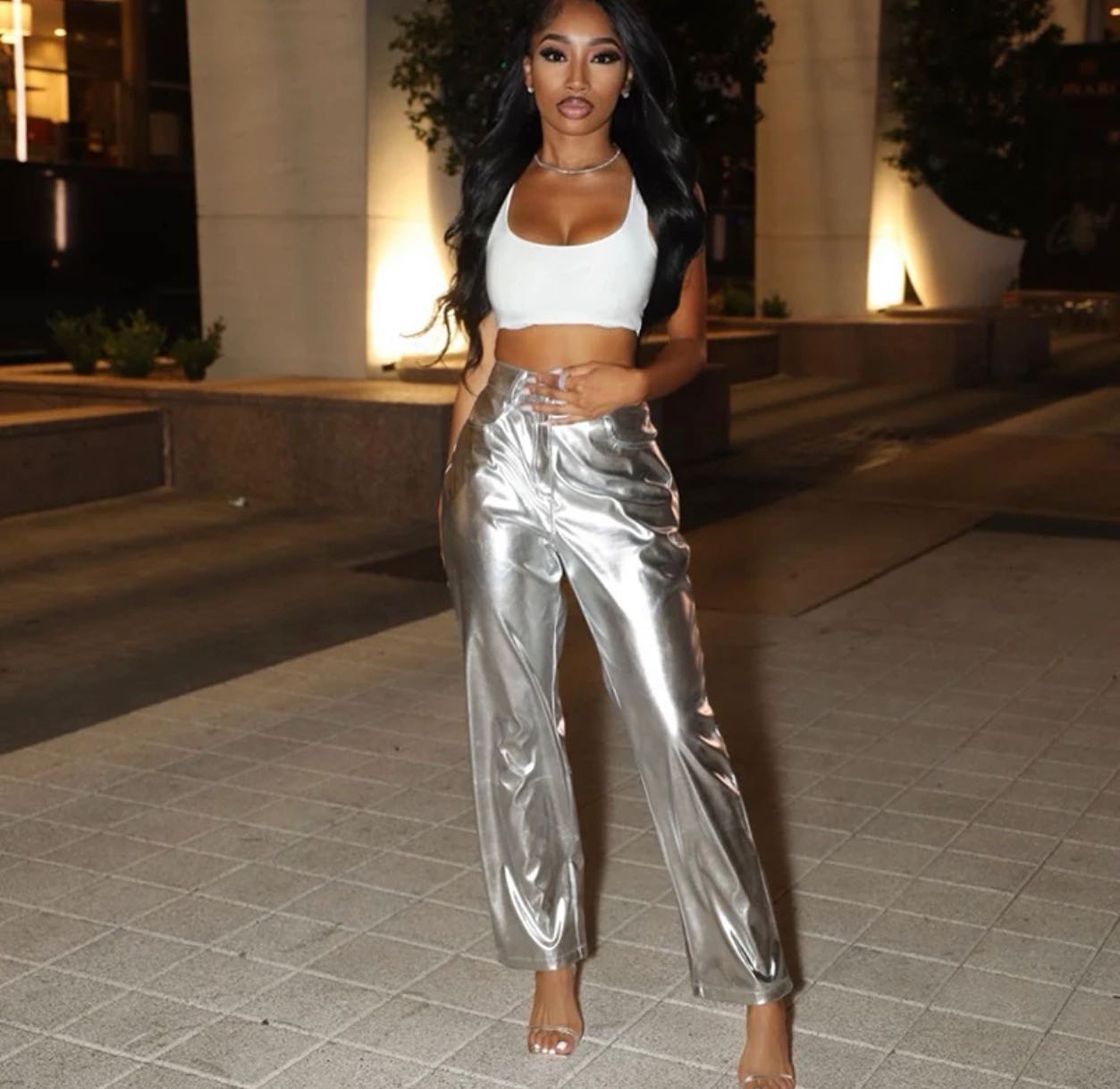 High Waist Metallic Faux Leather Straight Leg Pants