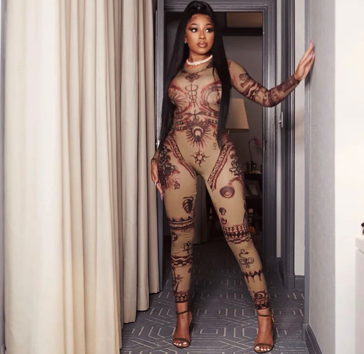 Full printed casual skinny jumpsuit