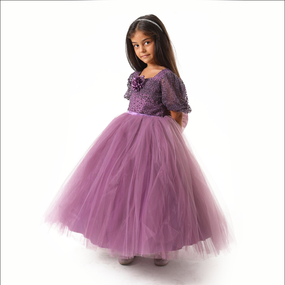 Girls Full Length balloon purple short sleeve dress