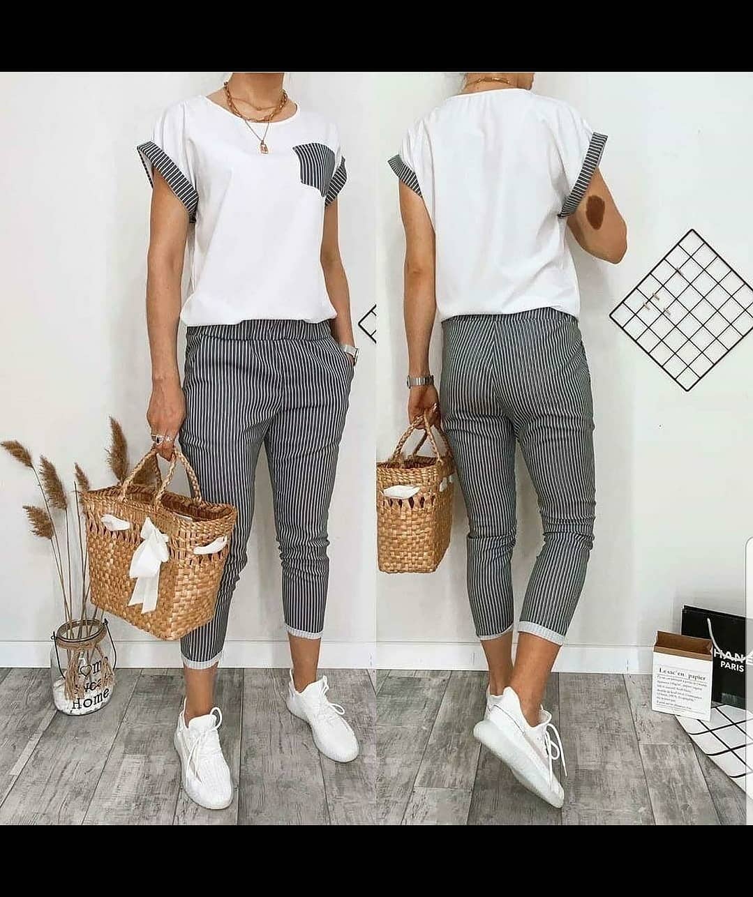 Top and stripped trousers